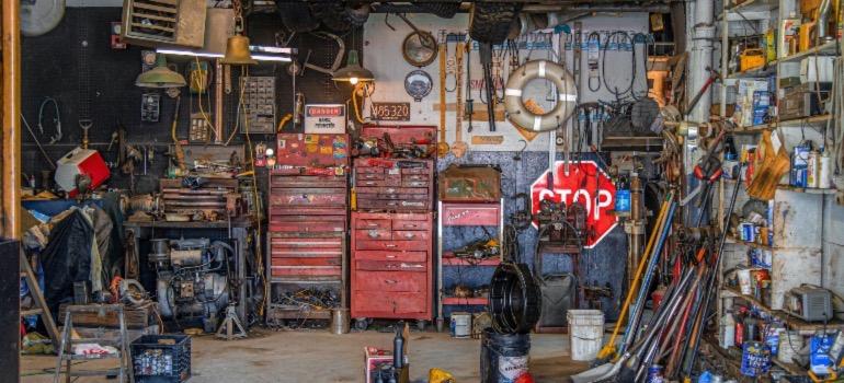 The messy interior of an unkempt garage