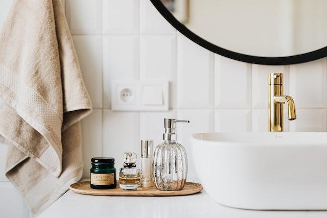 A set of skin care products in the elderly bathroom