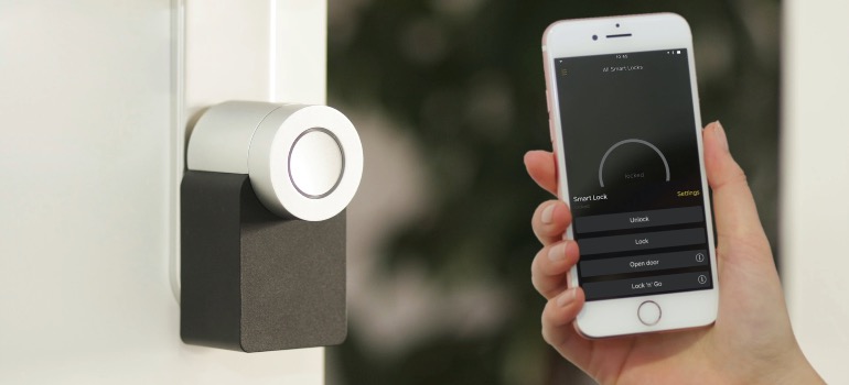 A smart lock on the door of a home